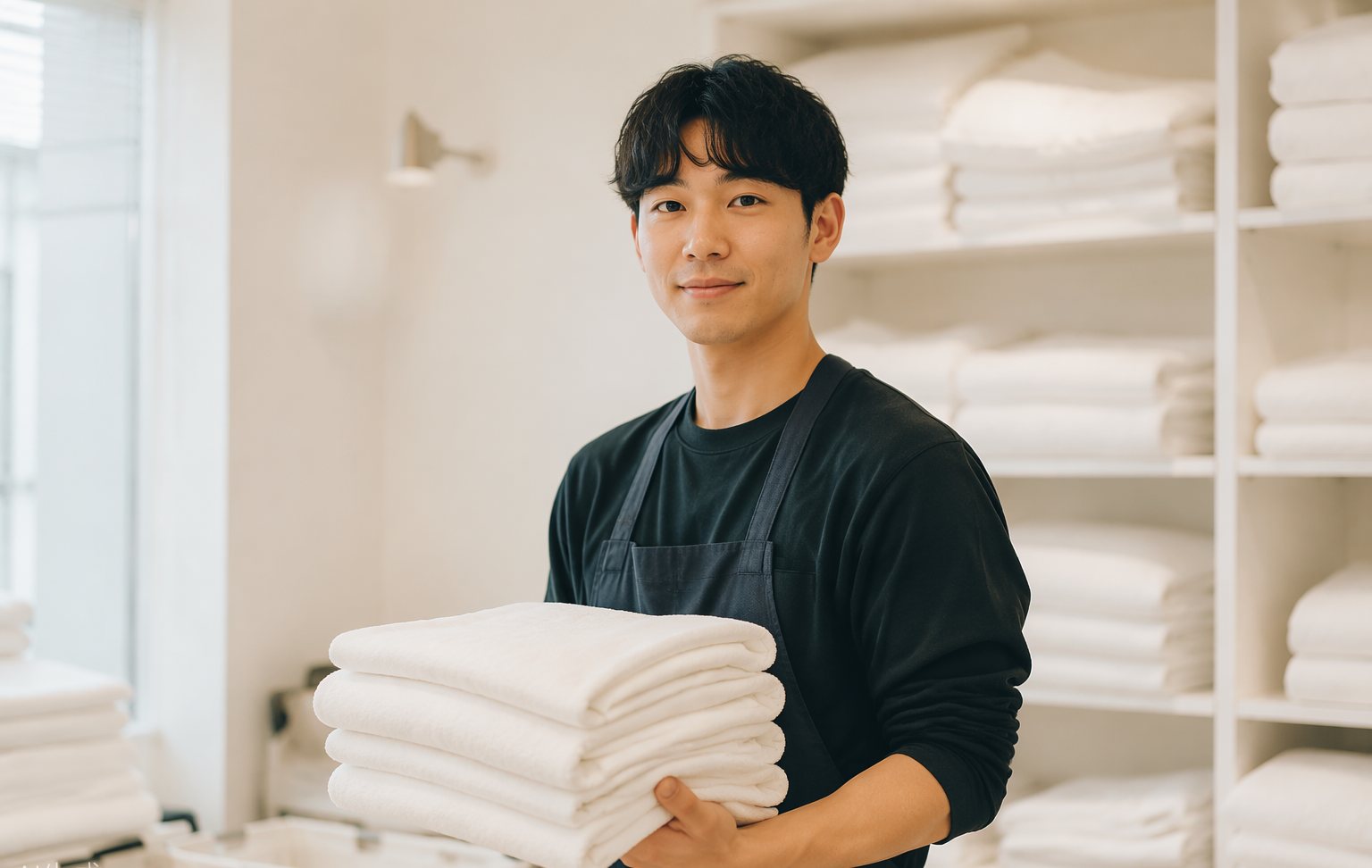 리넨실에서 타월을 정리하는 모습